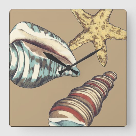 カーキ色の貝のトリオ スクエア壁時計 (正面)