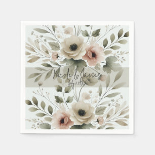 カーキ オリーブ グリーン 水彩 花 モチーフ ウェディング スタンダードカクテルナプキン