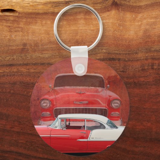 カークラシックズシェヴィベルエアダッジレッドホワイトヴィンテージ キーホルダー (正面)
