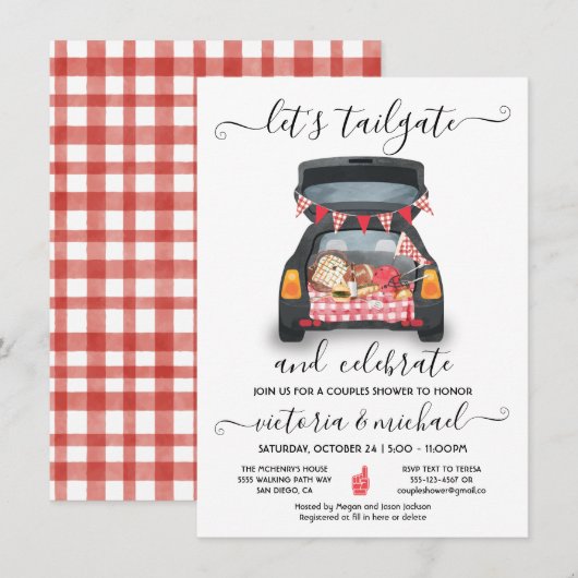 カーゲートパーティー サッカー バーベキュー ビール カップルシャワー 招待状 (正面/裏面)