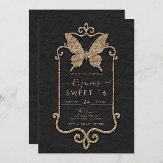 カーサマリポサピンク&ブラックバタフライスウィート16 招待状 (正面/裏面)