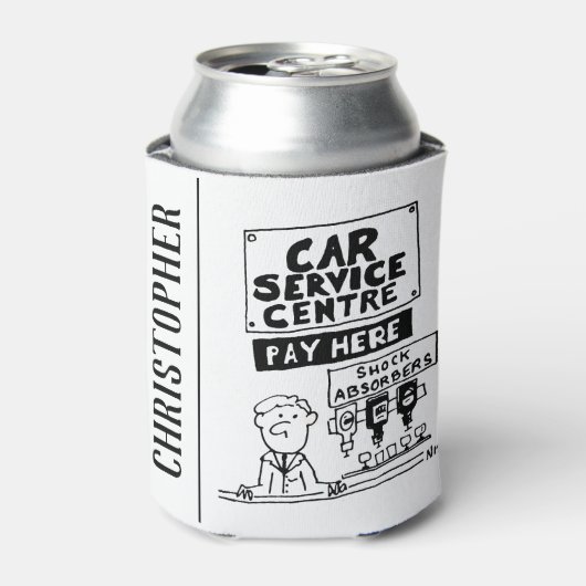カーサービスセンターの整備士とショックアブソーバ 缶クーラー (缶正面)