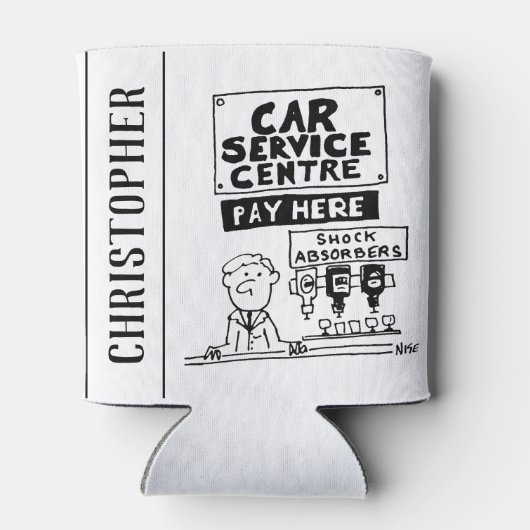 カーサービスセンターの整備士とショックアブソーバ 缶クーラー (裏面)