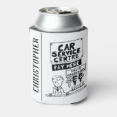 カーサービスセンターの整備士とショックアブソーバ 缶クーラー (缶裏面)