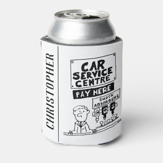 カーサービスセンターの整備士とショックアブソーバ 缶クーラー (缶裏面)