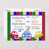 カーズレッドブルーグリーンボーイ誕生日招待状 インビテーションポストカード (正面/裏面)