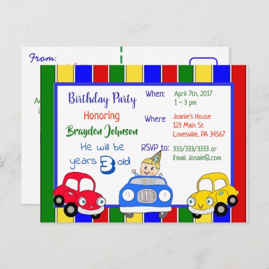 カーズレッドブルーグリーンボーイ誕生日招待状 インビテーションポストカード (正面/裏面)