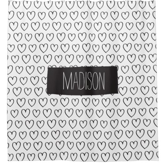 カーテン黒いパーソナライズなハートのシャワーおよび白 シャワーカーテン (正面)