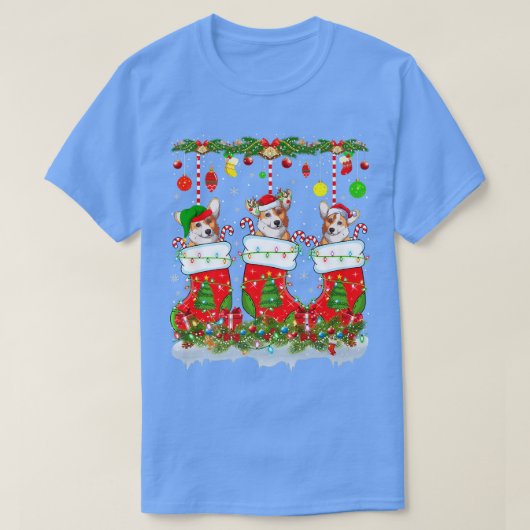 カーデおもしろいガンウェルシュコーギー犬のクリスマスソックライト Tシャツ (デザイン正面)