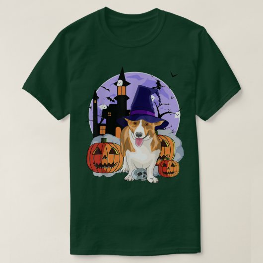 カーディガンおもしろいウェルシュドッグハロウィーンウィッチパンプキン Tシャツ (デザイン正面)