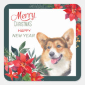 カーディガンウェルシュコーギーポインセティアブーケクリスマス スクエアシール (正面)