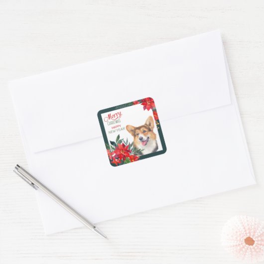 カーディガンウェルシュコーギーポインセティアブーケクリスマス スクエアシール (封筒)