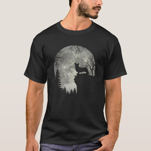 カーディガン ウェルシュ コーギー と 月 ハロウィン Tシャツ (正面)