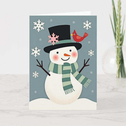カーディナルとクリスマスの雪だるま カード (正面)