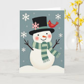 カーディナルとクリスマスの雪だるま カード (黄色い花)
