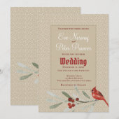 カーディナルとグリーンが映えるシンプルな冬のウェディング 案内状 (正面/裏面)