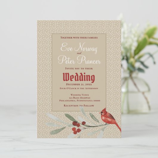カーディナルとグリーンのあるシンプルな冬のウェディング 案内状 (スタンド正面)