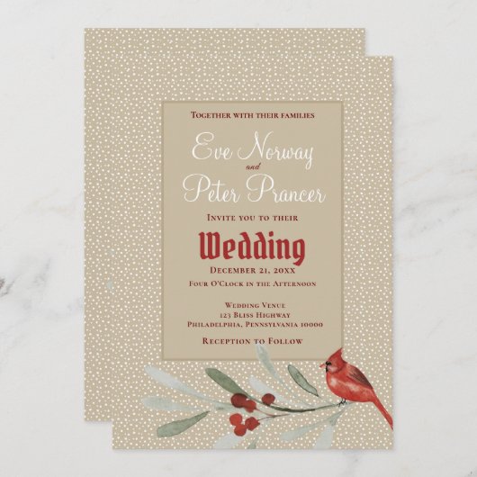 カーディナルとグリーンのあるシンプルな冬のウェディング 案内状 (正面/裏面)
