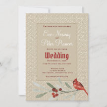 カーディナルとグリーンのあるシンプルな冬のウェディング