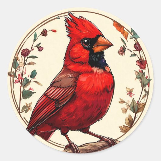 🐦 カーディナルバードステッカー 花柄 自然 ラウンドシール (正面)