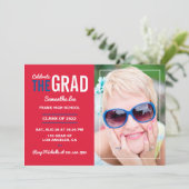 カーディナルレッドとブルーの卒業パーティー招待状 招待状 (スタンド正面)