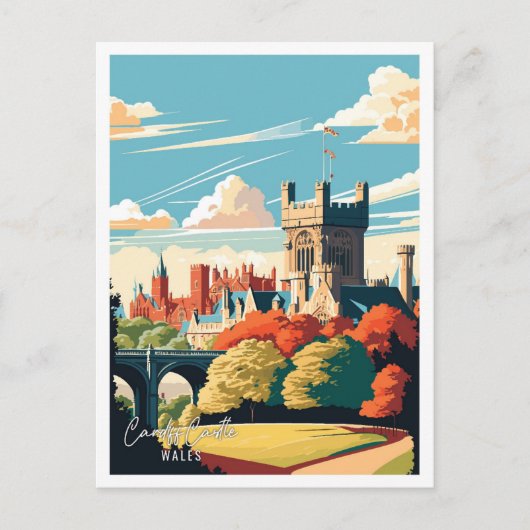 カーディフキャッスルウエールズヴィンテージ旅行イラストレーション ポストカード (正面)