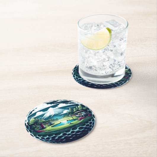 カートとクラブの美しいゴルフコース ラウンドペーパーコースター (インサイチュ)