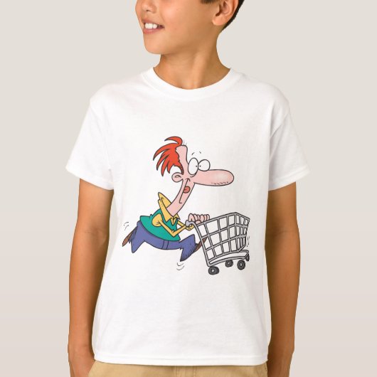 カートを押して走る男のコミカルなイラスト Tシャツ (正面)