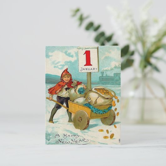 カートを持つ男の子-新年の挨拶の郵便はがき シーズンポストカード (スタンド正面)