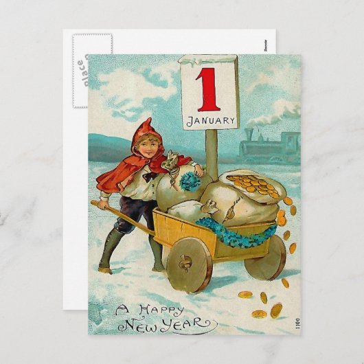 カートを持つ男の子-新年の挨拶の郵便はがき シーズンポストカード (正面/裏面)