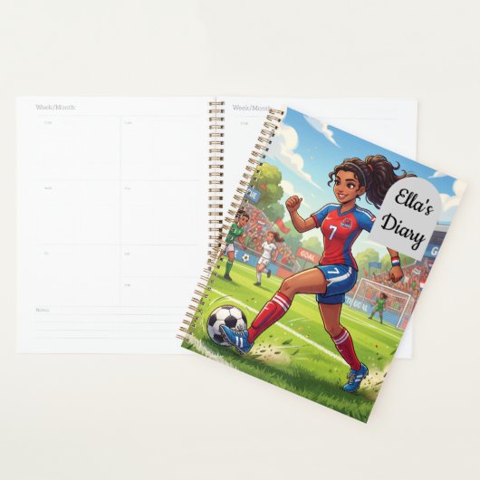 カートゥーンの女の子がサッカーをプレー | 名前入り プランナー手帳 (ディスプレー)