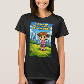 カートゥーンの少女が失った純真 過去と未来のグラフィック Tシャツ