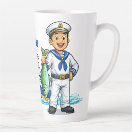カートゥーンの船乗りとヨットと魚の海洋アート カフェラテマグ