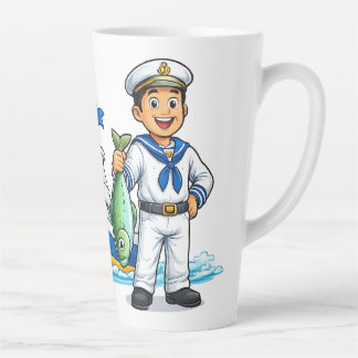 カートゥーンの船乗りとヨットと魚の海洋アート カフェラテマグ