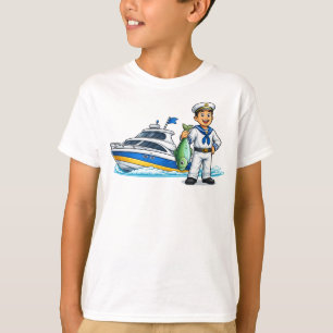 カートゥーンの船乗りとヨットと魚の航海アート Tシャツ