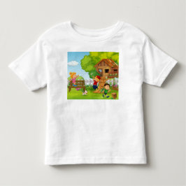 カートゥーンの裏庭で遊ぶ子どものパピー トドラーTシャツ