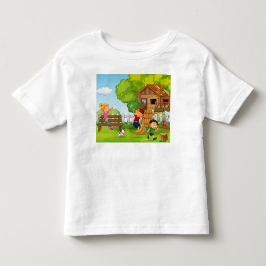カートゥーンの裏庭で遊ぶ子どものパピー トドラーTシャツ (正面)