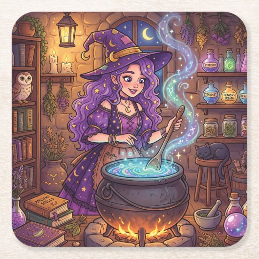 カートゥーンの魔法使いが恋愛ポーションを作る スクエアペーパーコースター (正面)