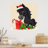 カートゥーンの黒馬サンタ帽子クリスマスウォールデコレーション ポスター (キッチン)