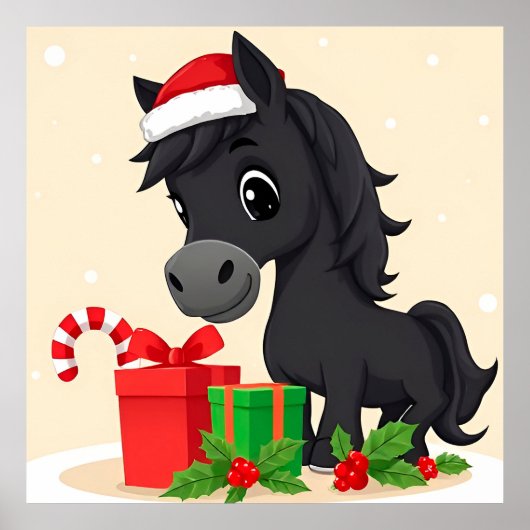 カートゥーンの黒馬サンタ帽子クリスマスウォールデコレーション ポスター (正面)