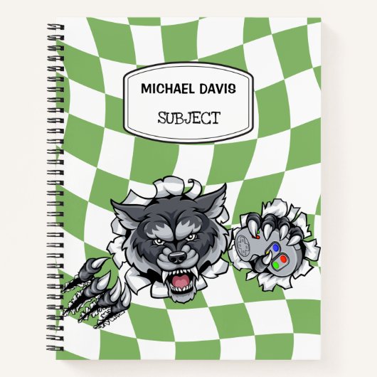 カートゥーンオオカミがビデオゲームのコントローラーを握る カスタム ノートブック (正面)