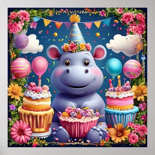 カートゥーンカバの誕生日 - かわいい動物パーティ ポスター (正面)