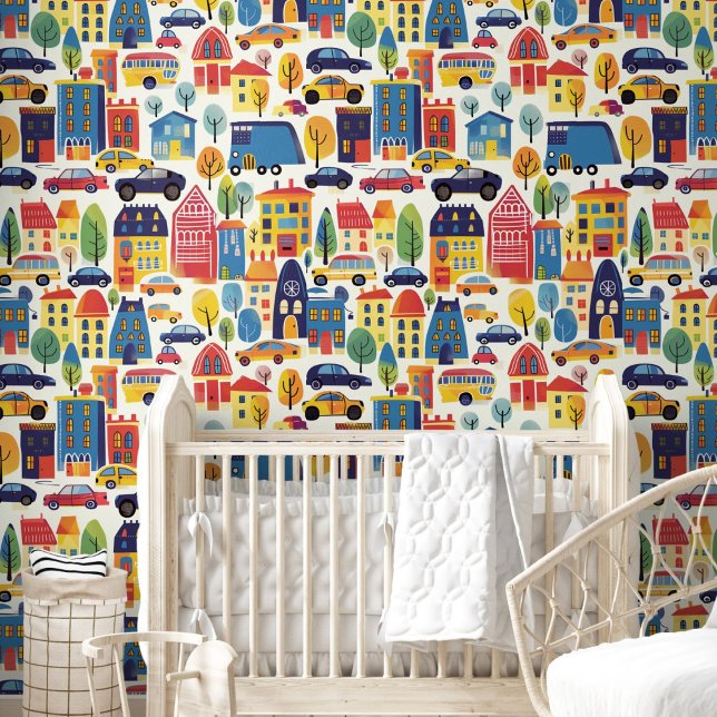 カートゥーンハウスカーツリーズパターンルー子供へム 壁紙 (Cartoon Houses Cars Trees Pattern for Kids Room Wallpaper)