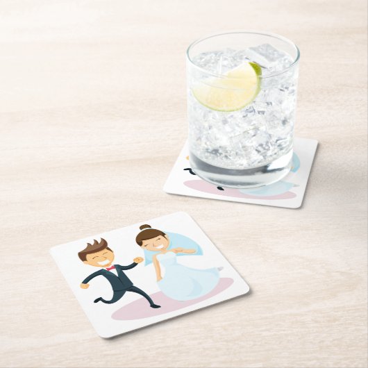 カートゥーンブライド&グルーム踊り結婚ズたった今結婚しました スクエアペーパーコースター (インサイチュ)
