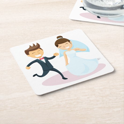 カートゥーンブライド&グルーム踊り結婚ズたった今結婚しました スクエアペーパーコースター (アングル)