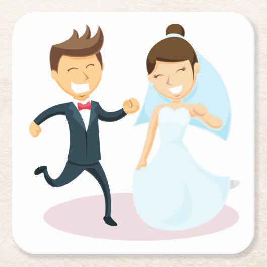 カートゥーンブライド&グルーム踊り結婚ズたった今結婚しました スクエアペーパーコースター (正面)