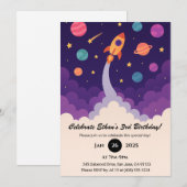 カートゥーンロケットとカラフルな銀河の誕生日  招待状 (正面/裏面)