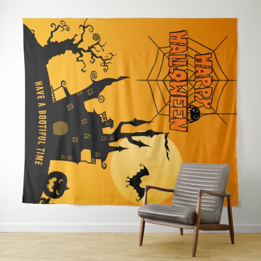 カートゥーン幽霊のよく出るマンションハローウィンパーティ背景 タペストリー (インサイチュ(横))