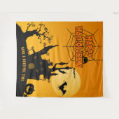 カートゥーン幽霊のよく出るマンションハローウィンパーティ背景 タペストリー (正面(横))