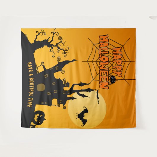 カートゥーン幽霊のよく出るマンションハローウィンパーティ背景 タペストリー (正面(横))